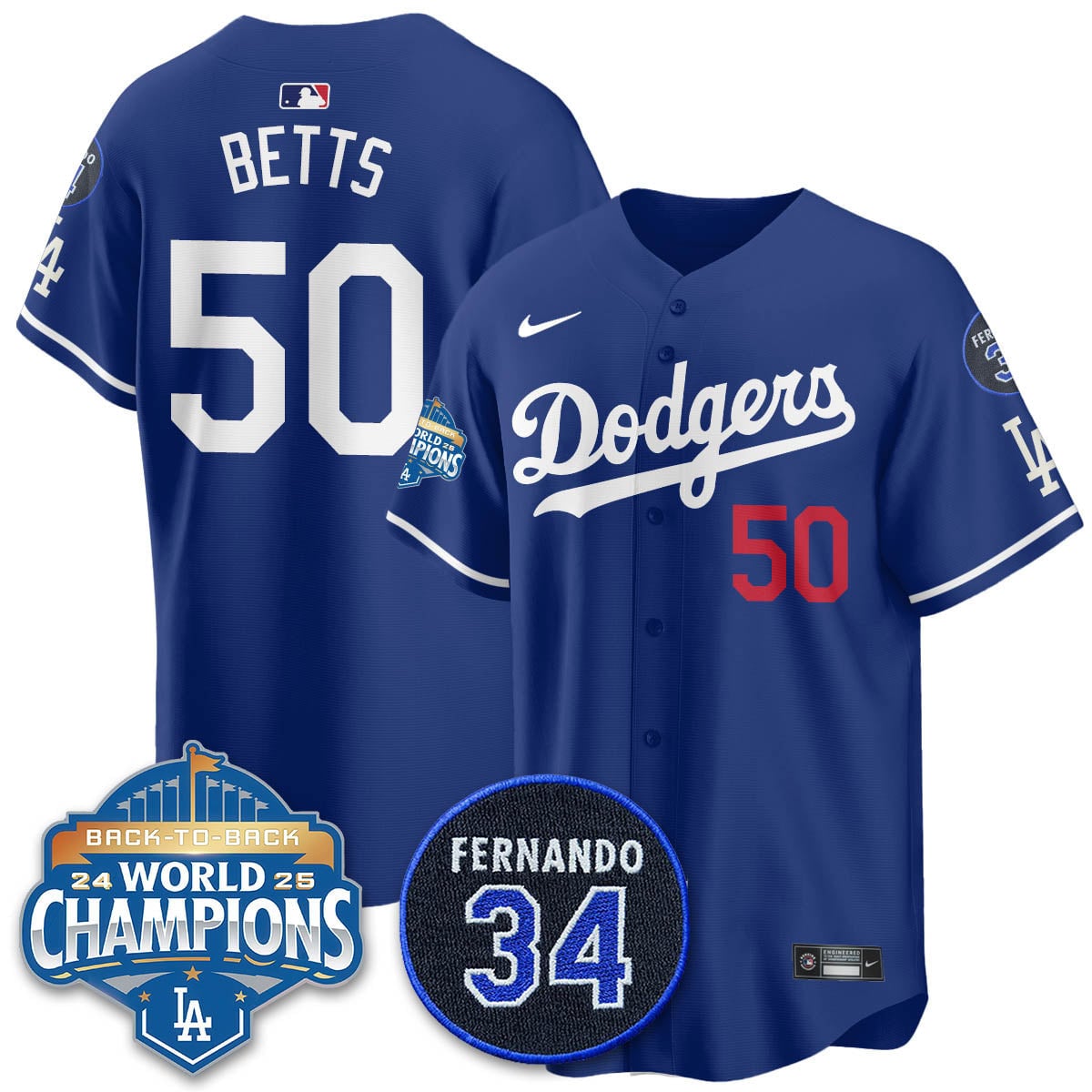 Los Angeles Dodgers 2025 Back To Back Champions Jersey - All Stitched