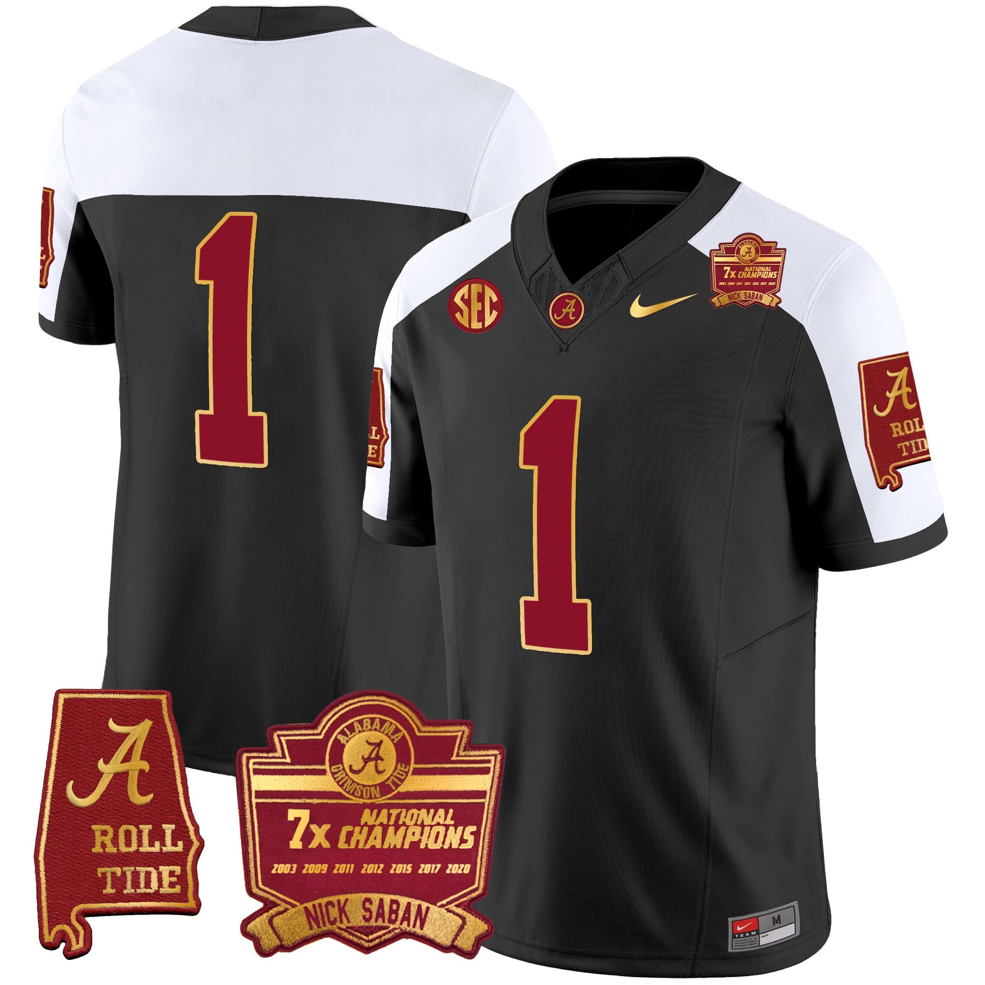 Men's Alabama Crimson Tide Nick Saban 7x Champions Patch Gold Trim Jersey - All Stitched