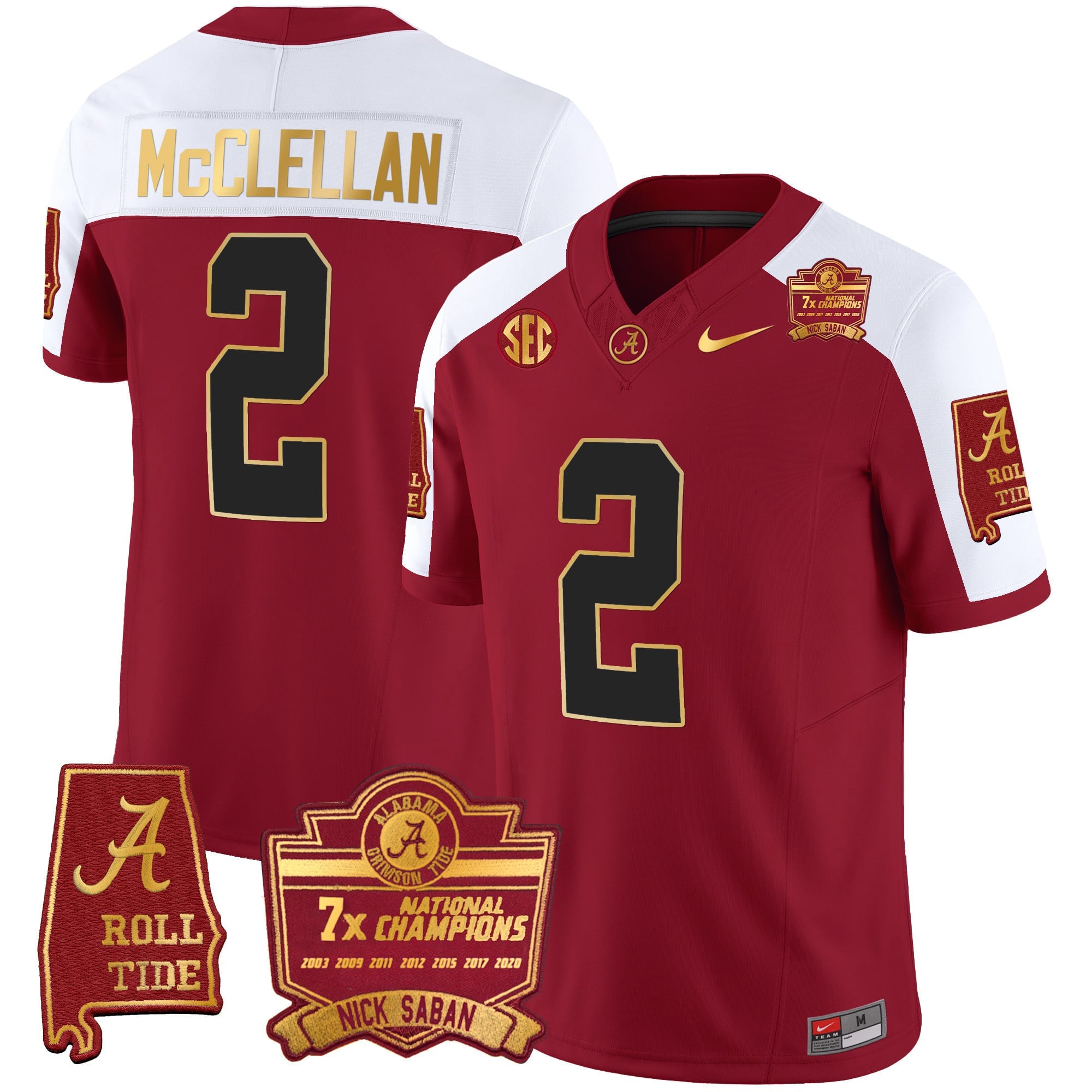 Men's Alabama Crimson Tide Nick Saban 7x Champions Patch Gold Trim Jersey - All Stitched