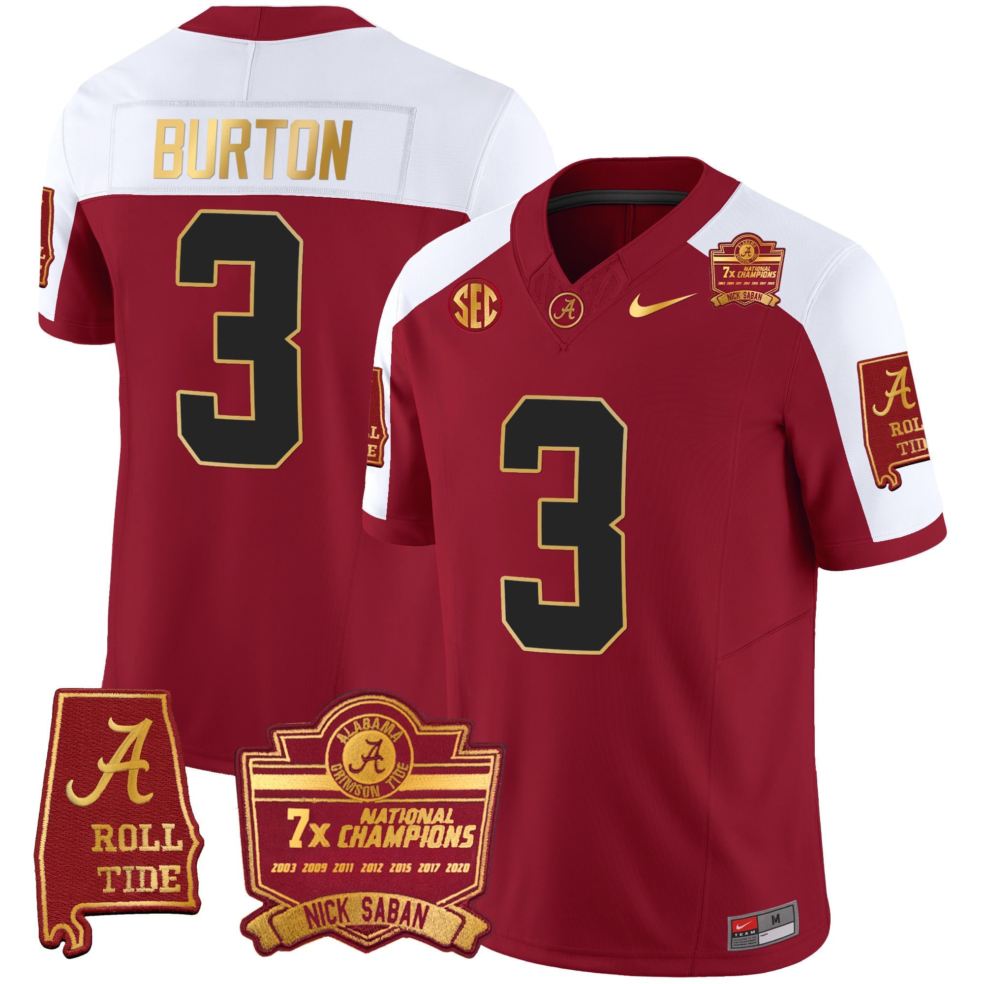 Men's Alabama Crimson Tide Nick Saban 7x Champions Patch Gold Trim Jersey - All Stitched