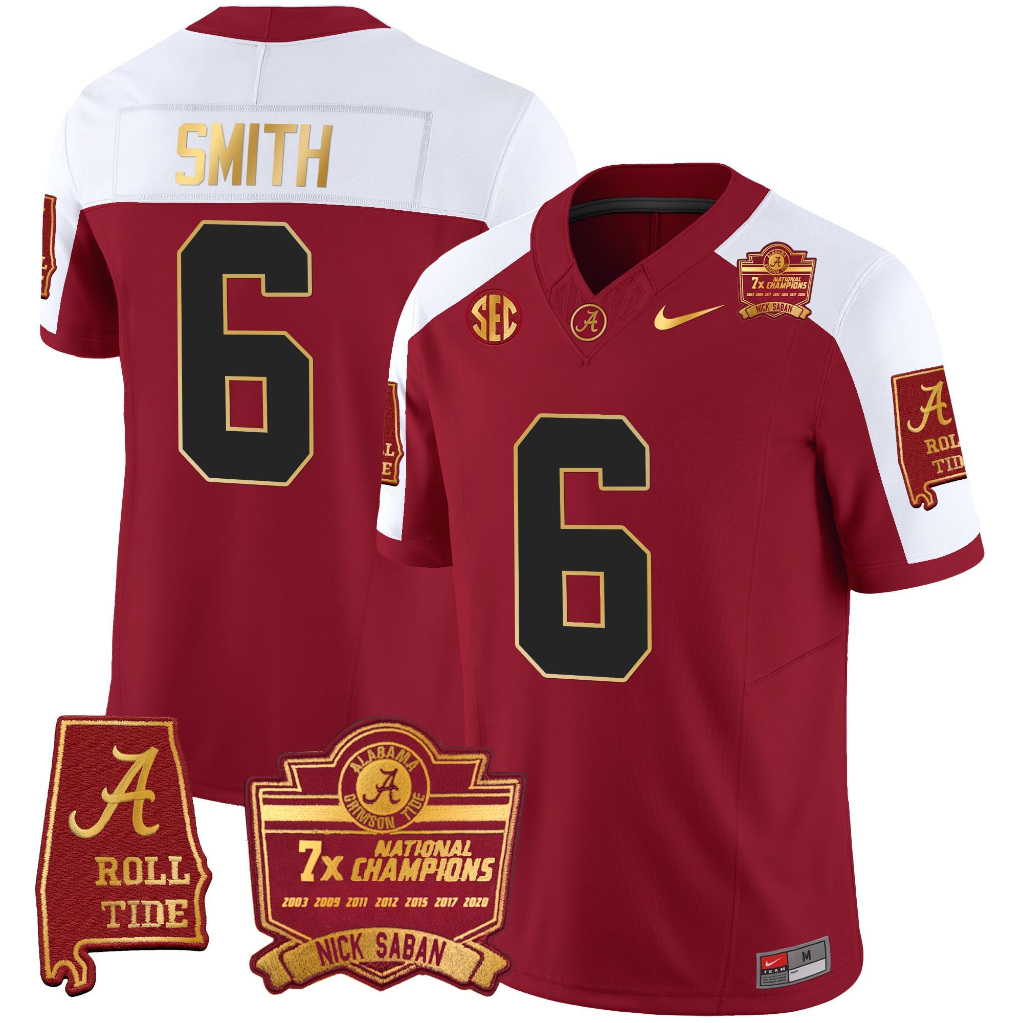 Men's Alabama Crimson Tide Nick Saban 7x Champions Patch Gold Trim Jersey - All Stitched