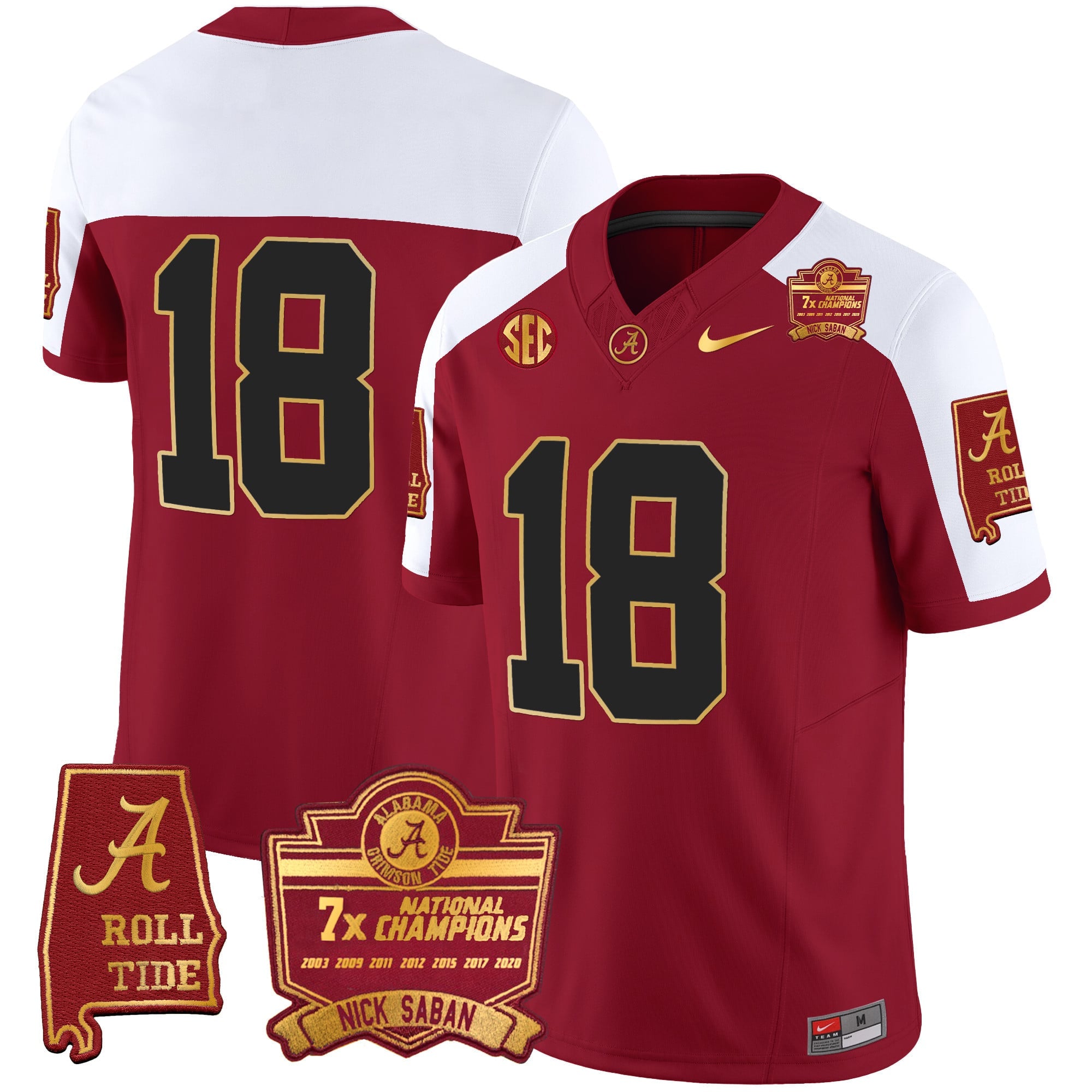 Men's Alabama Crimson Tide Nick Saban 7x Champions Patch Gold Trim Jersey - All Stitched
