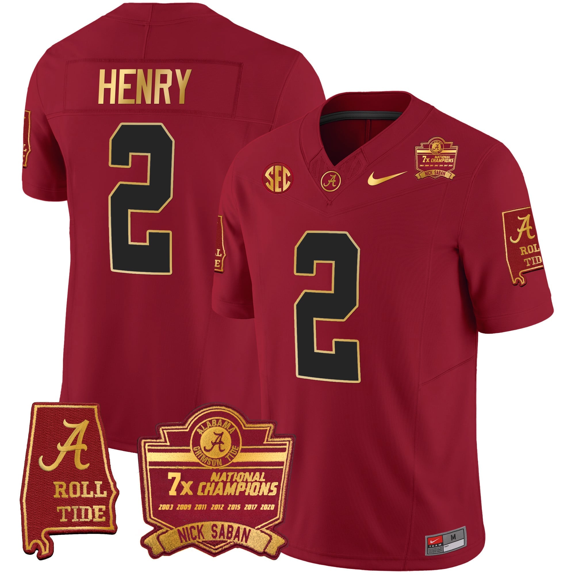 Men's Alabama Crimson Tide Nick Saban 7x Champions Patch Gold Trim Jersey - All Stitched