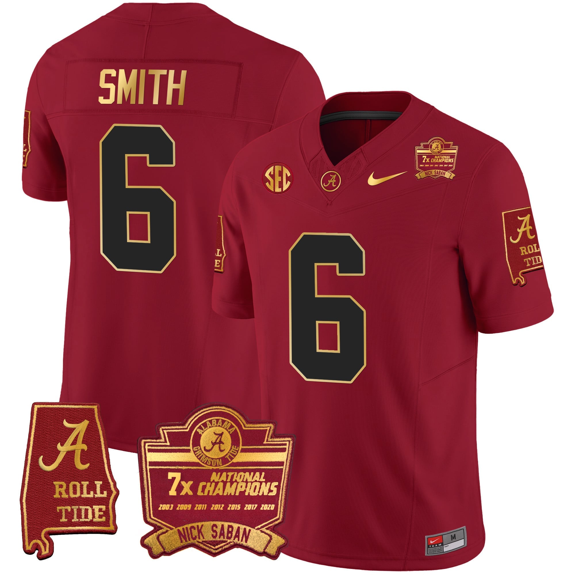 Men's Alabama Crimson Tide Nick Saban 7x Champions Patch Gold Trim Jersey - All Stitched
