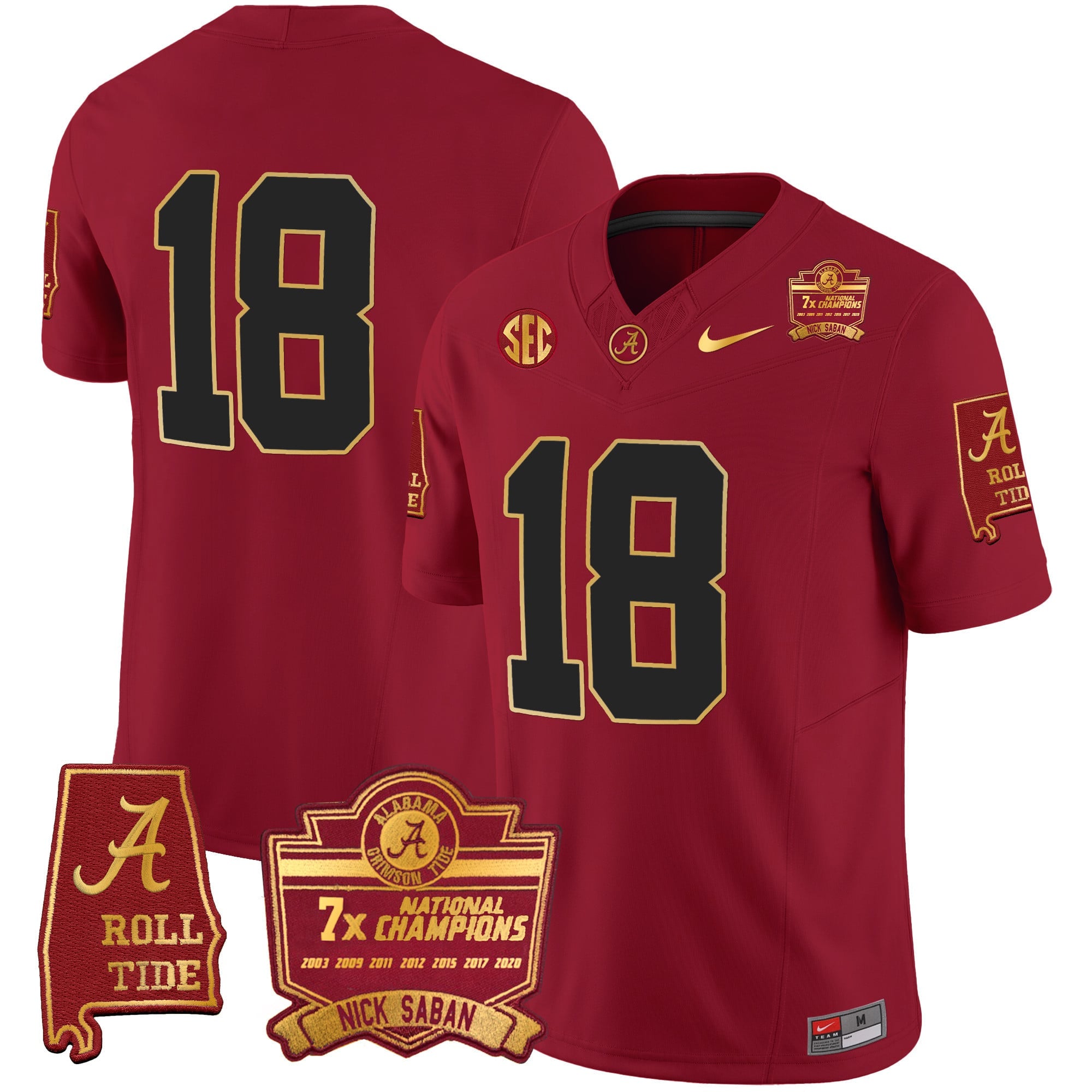 Men's Alabama Crimson Tide Nick Saban 7x Champions Patch Gold Trim Jersey - All Stitched