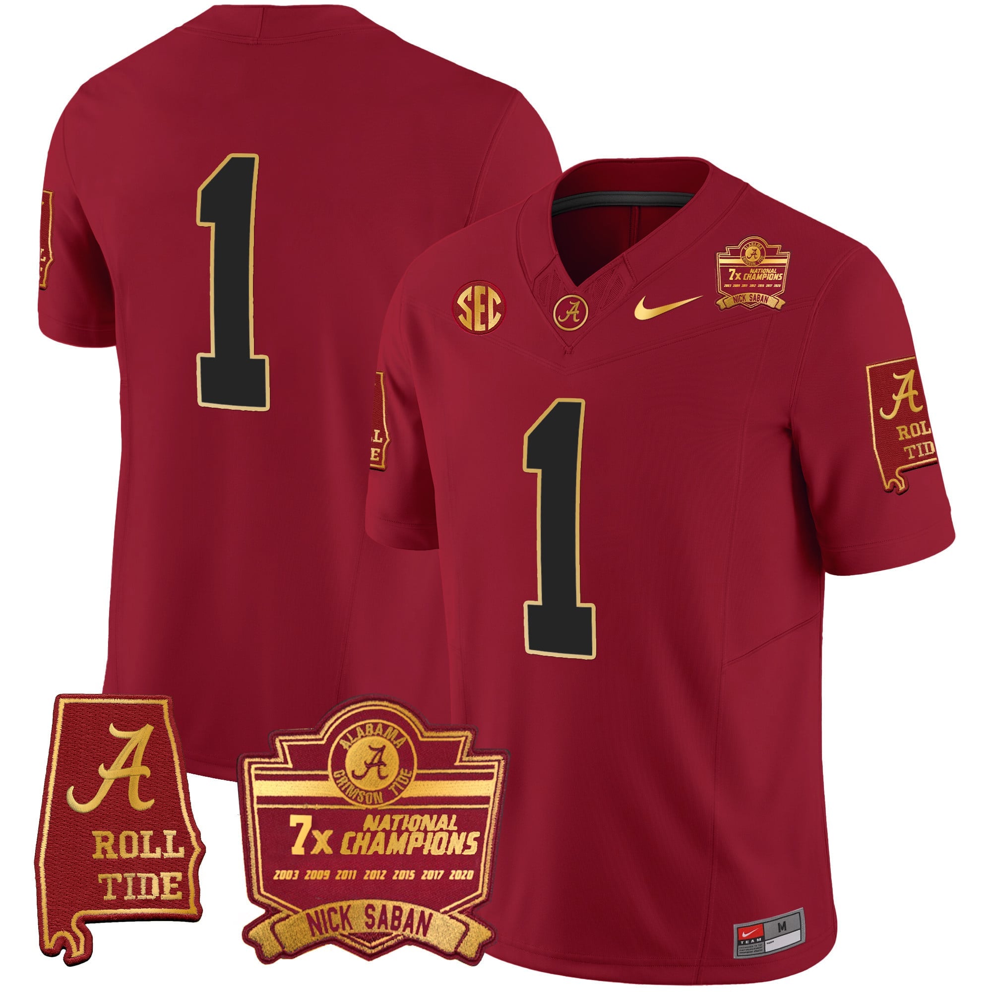 Men's Alabama Crimson Tide Nick Saban 7x Champions Patch Gold Trim Jersey - All Stitched