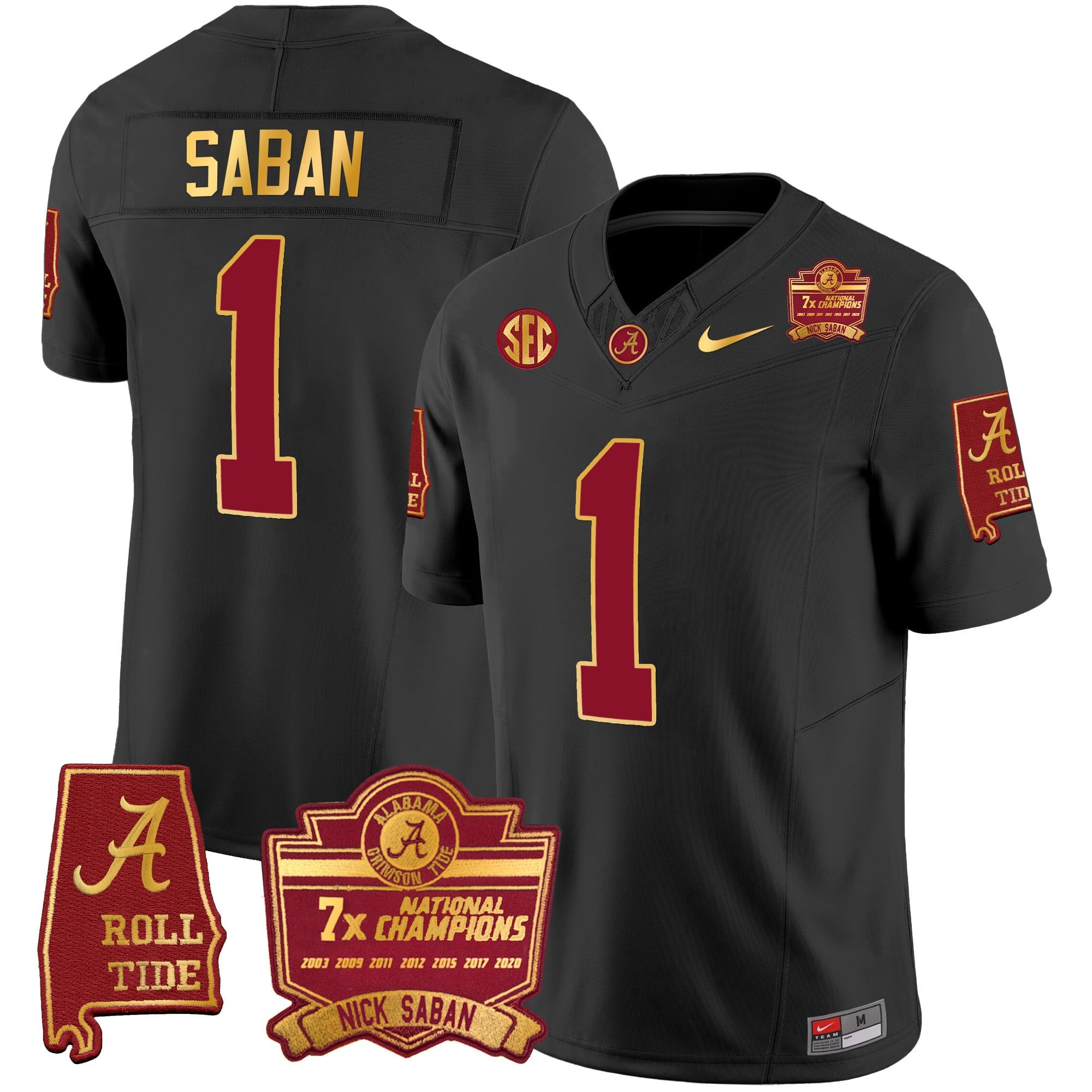 Men's Alabama Crimson Tide Nick Saban 7x Champions Patch Gold Trim Jersey - All Stitched