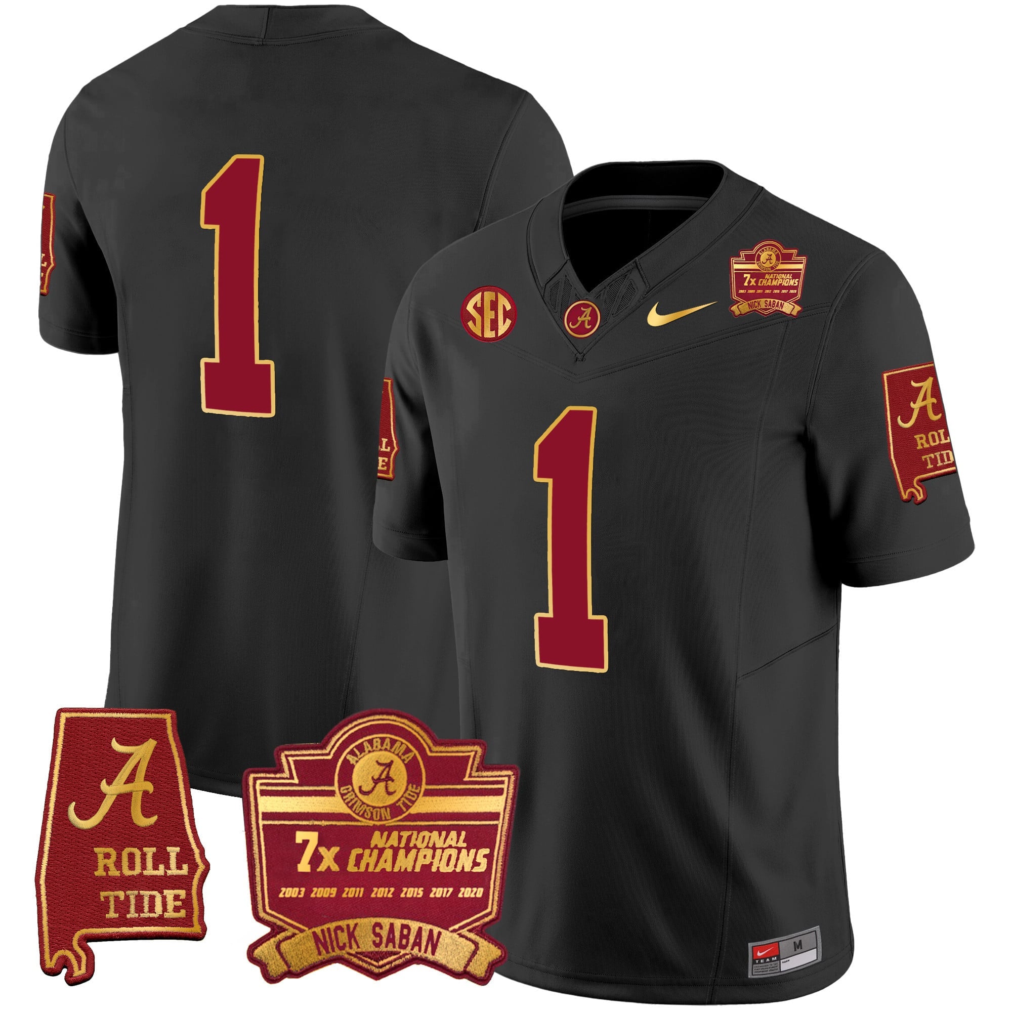 Men's Alabama Crimson Tide Nick Saban 7x Champions Patch Gold Trim Jersey - All Stitched
